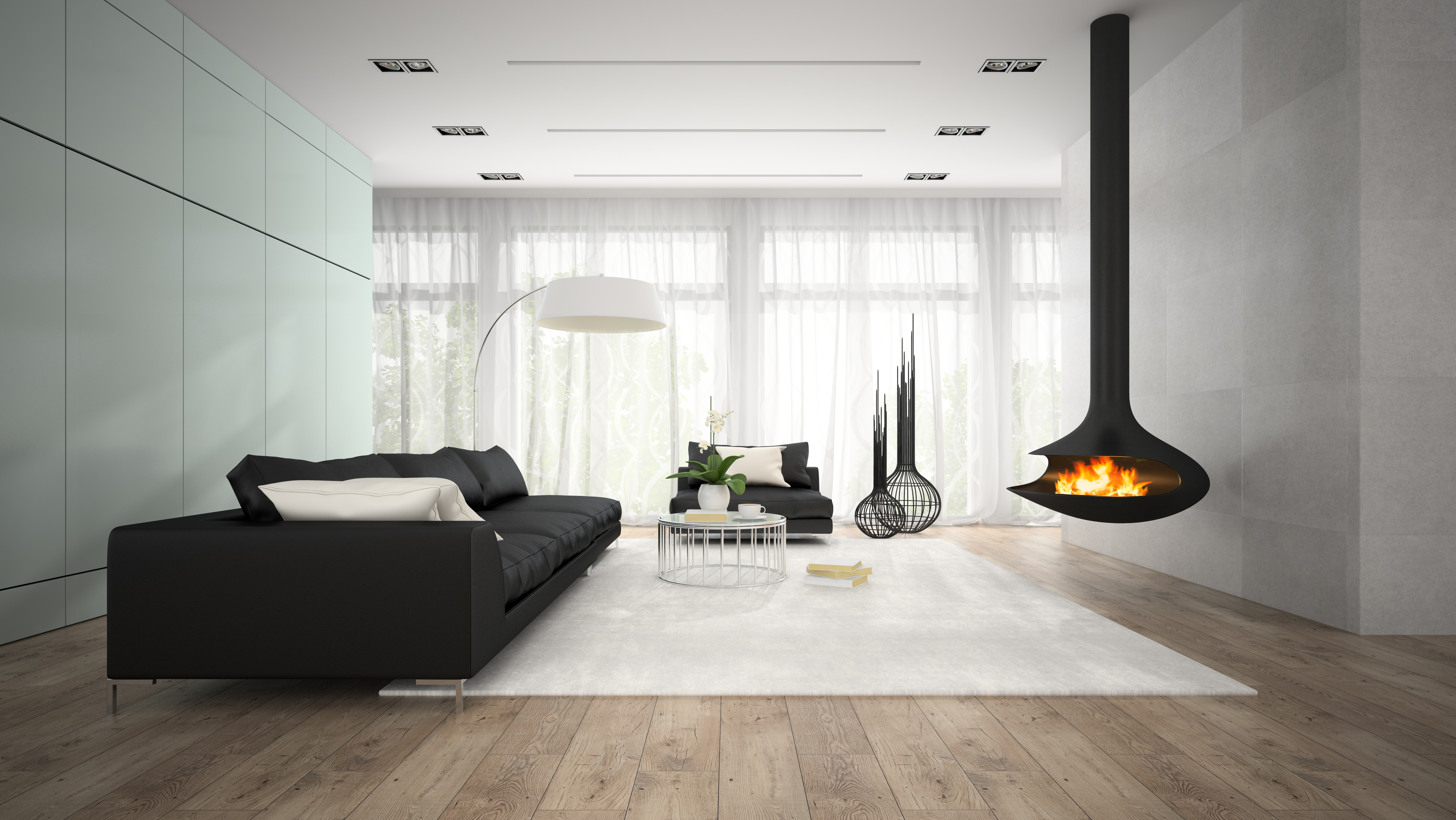 Interior of modern room with fireplace 3D rendering